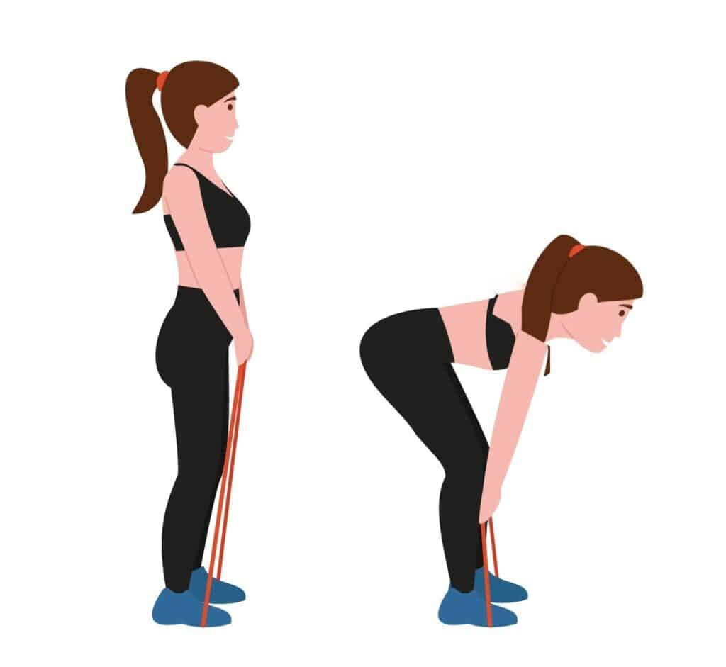 An illustrated woman doing a deadlift with a flat resistance band.