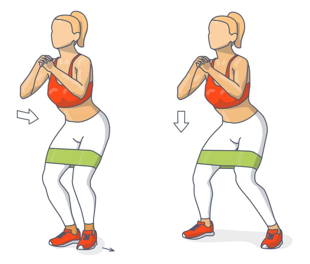 An illustration of a female doing a lateral walk exercise with a resistance band.