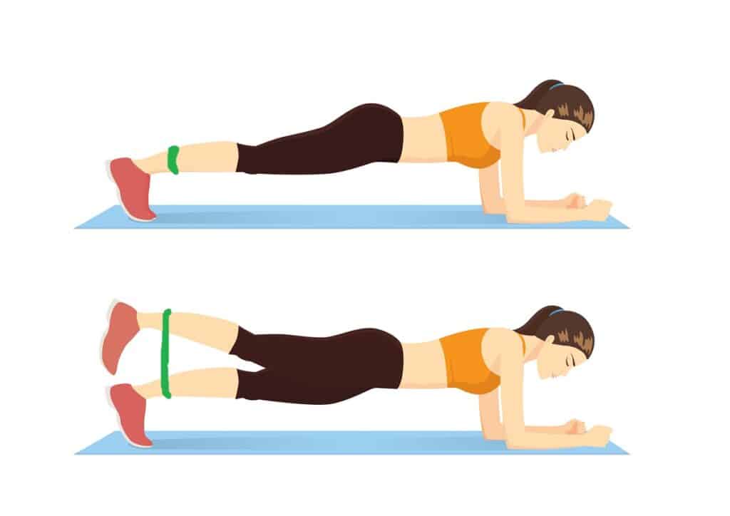 An illustration of a female doing a plank with a banded leg lift.