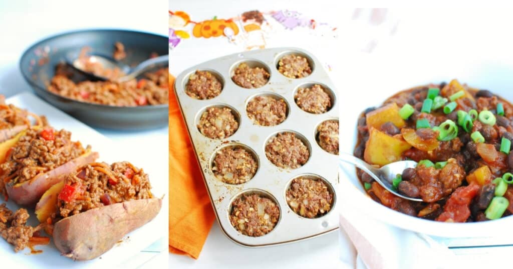Collage of three different ground beef recipes on the meal plan - stuffed sweet potatoes, mini meatloaves, and chili.