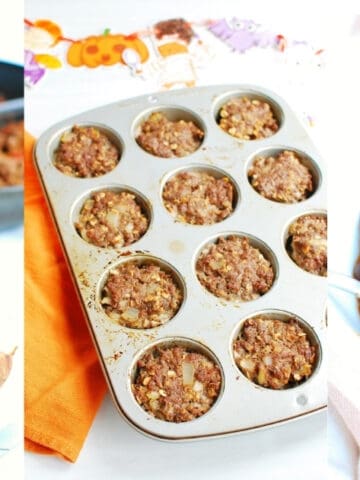 Collage of three different ground beef recipes on the meal plan - stuffed sweet potatoes, mini meatloaves, and chili.