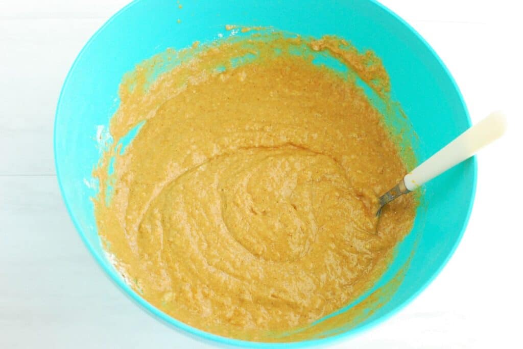 A bowl with muffin batter after the dry ingredients were mixed in.