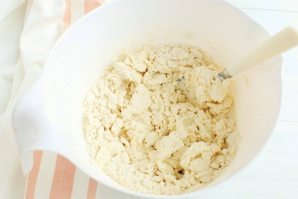 A bowl with self rising flour, garlic powder, and greek yogurt all mixed together.