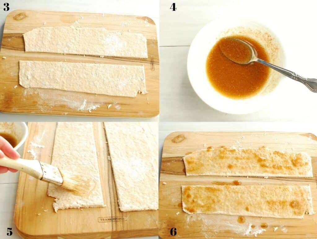 A collage of process photos, including the dough rolled out and cut, a bowl with the filling, a brush spreading the filling on the dough, and the dough with all the filling.
