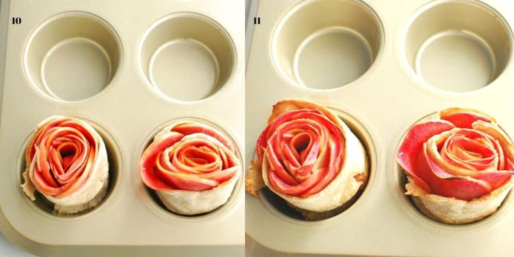 Two pans, one with unbaked apple roses and one with baked apple roses.