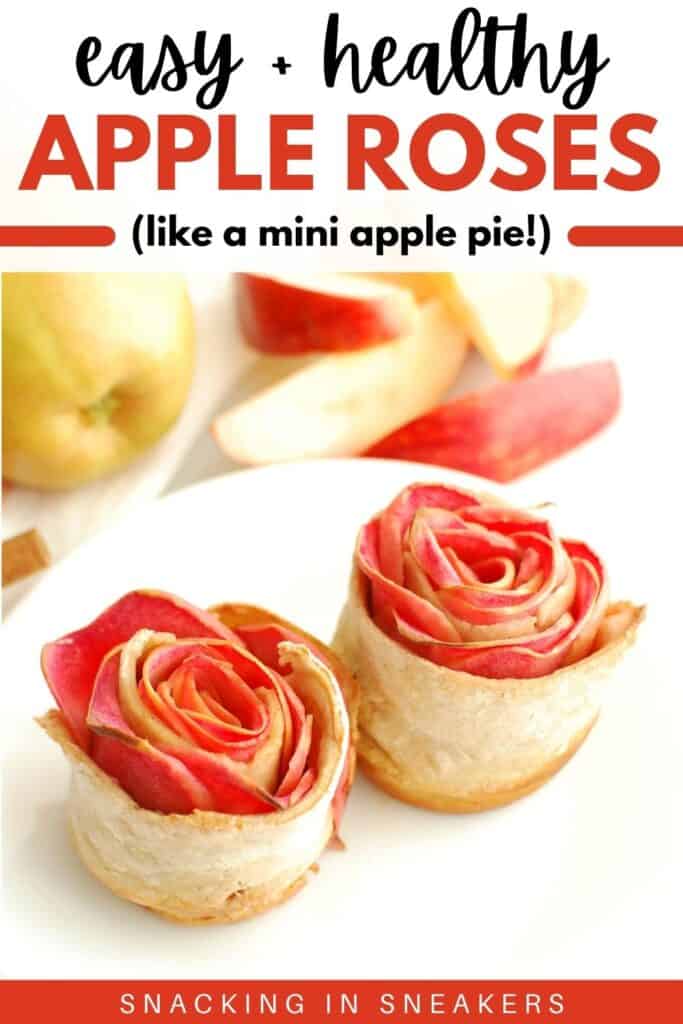 Two baked apple roses on a white plate.