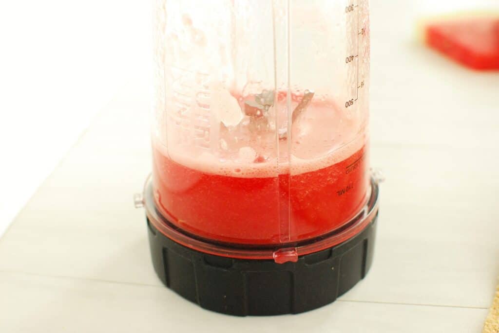 Pureed watermelon in a blender cup.