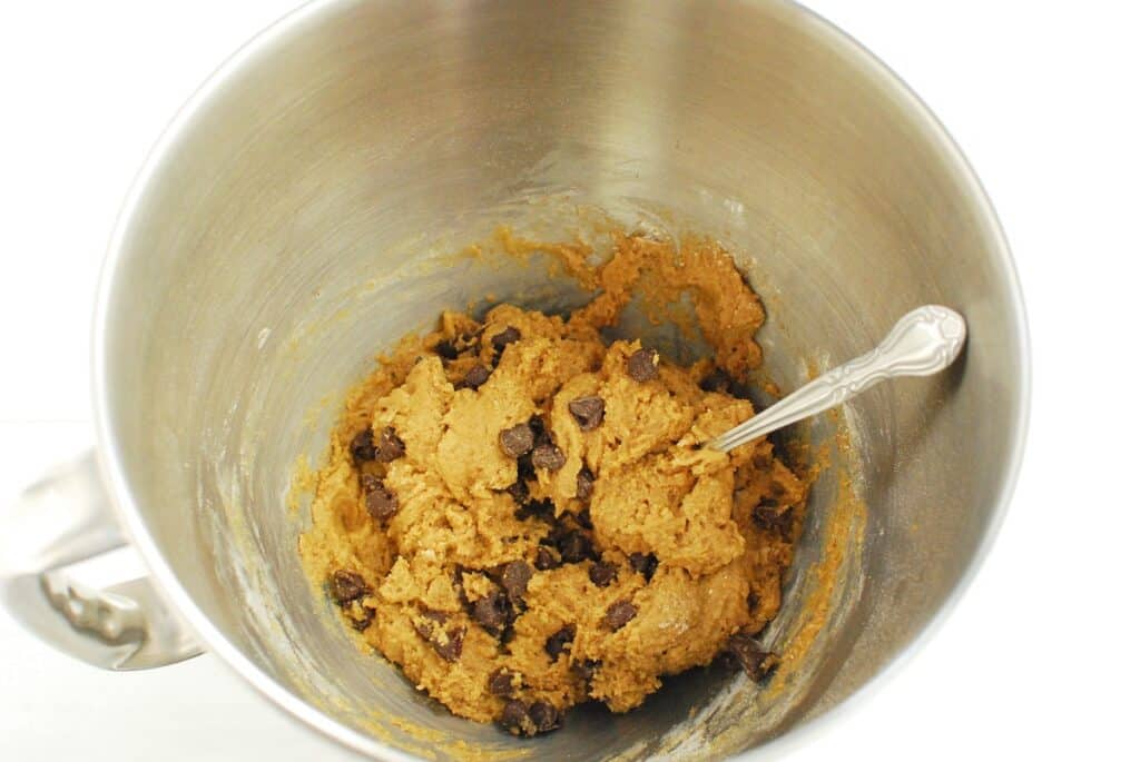 Cookie dough in a mixing bowl.