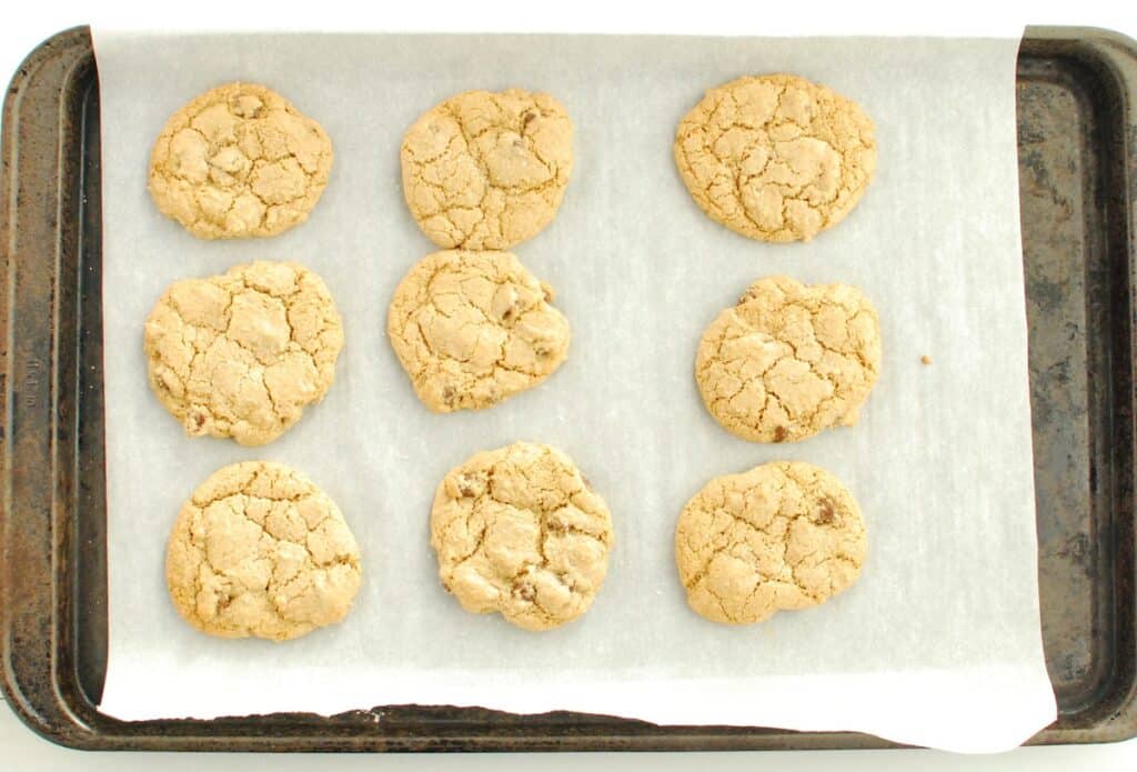 Cooked olive oil chocolate chip cookies on a baking sheet.