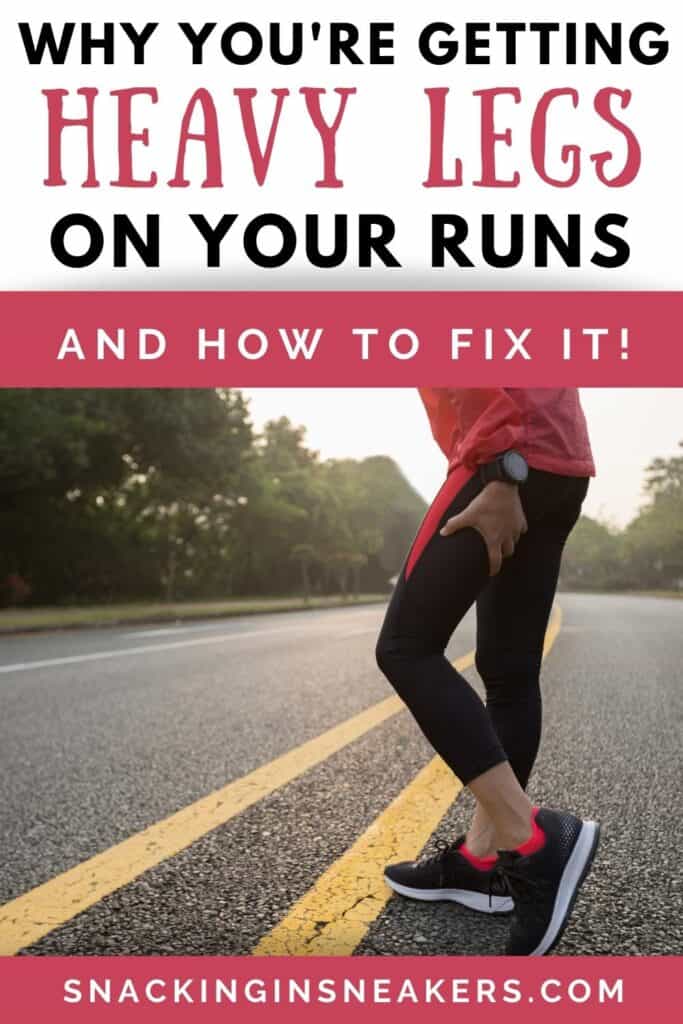 A woman holding her leg while paused from a run on a road, with a text overlay that says 