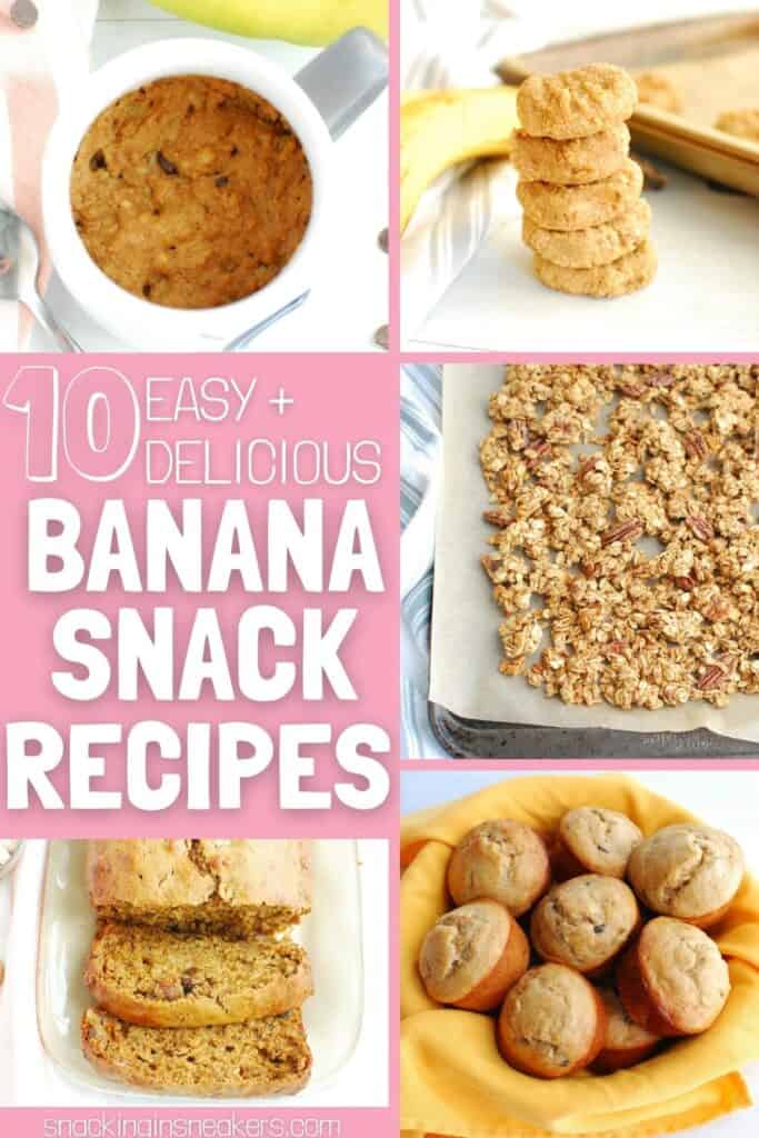 A collage image of healthy banana snacks including muffins, granola, mug cake, and healthy cookies.