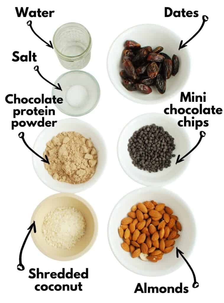 Coconut, almonds, protein powder, chocolate chips, dates, salt, and water.