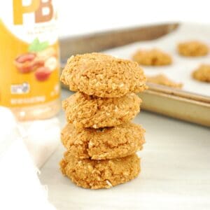 A stack of four powdered peanut butter cookies.