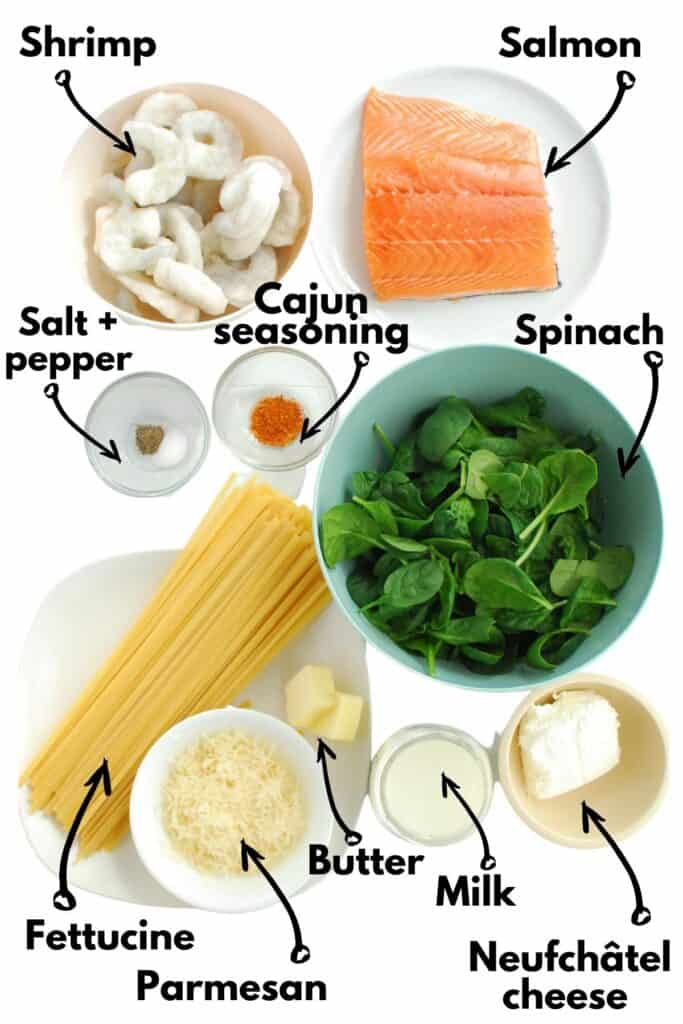 All the ingredients - pasta, butter, parmesan, milk, lite cream cheese, spinach, seasonings, shrimp, and salmon.