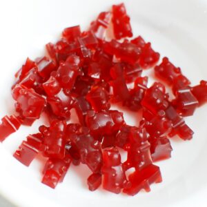 A bowl of homemade tart cherry gummy bears.