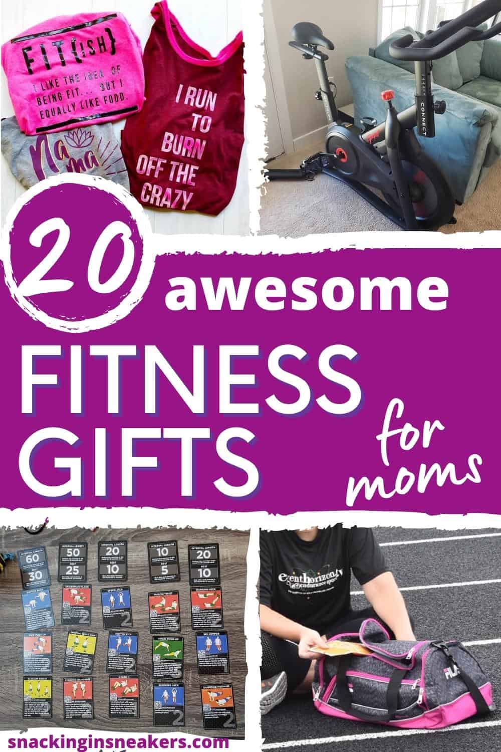A collage of several fitness gifts for moms, including a duffel bag, an exercise game, a spin bike, and workout tanks.