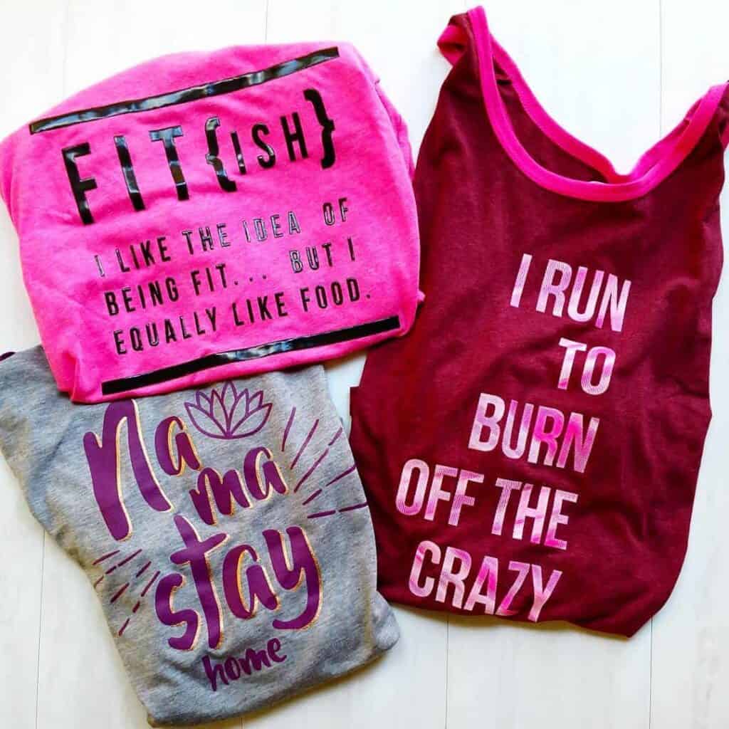 Three fun fitness tank tops as examples of fitness gifts for moms.