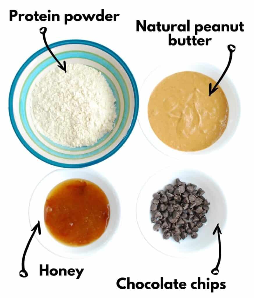 Protein powder, peanut butter, honey, and chocolate chips.