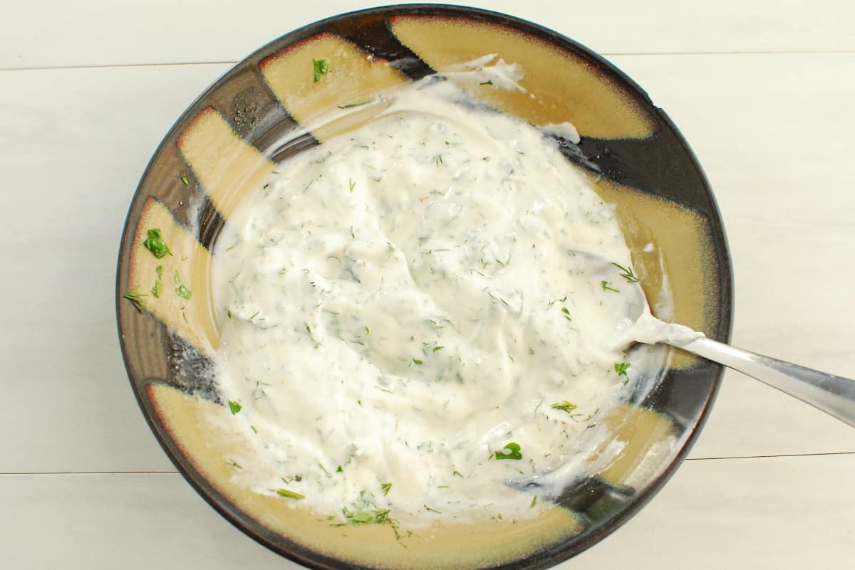 Greek yogurt sauce in a bowl.