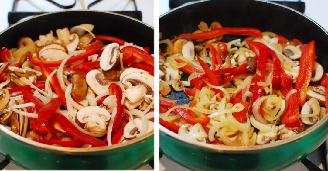 Collage of two images - vegetables just added to a pan, and the vegetables after being sautéed for a few minutes.