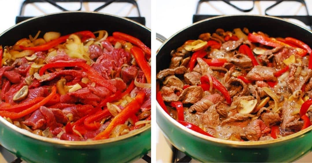 Collage of two images - beef just being added to the pan, and beef after it is fully cooked.