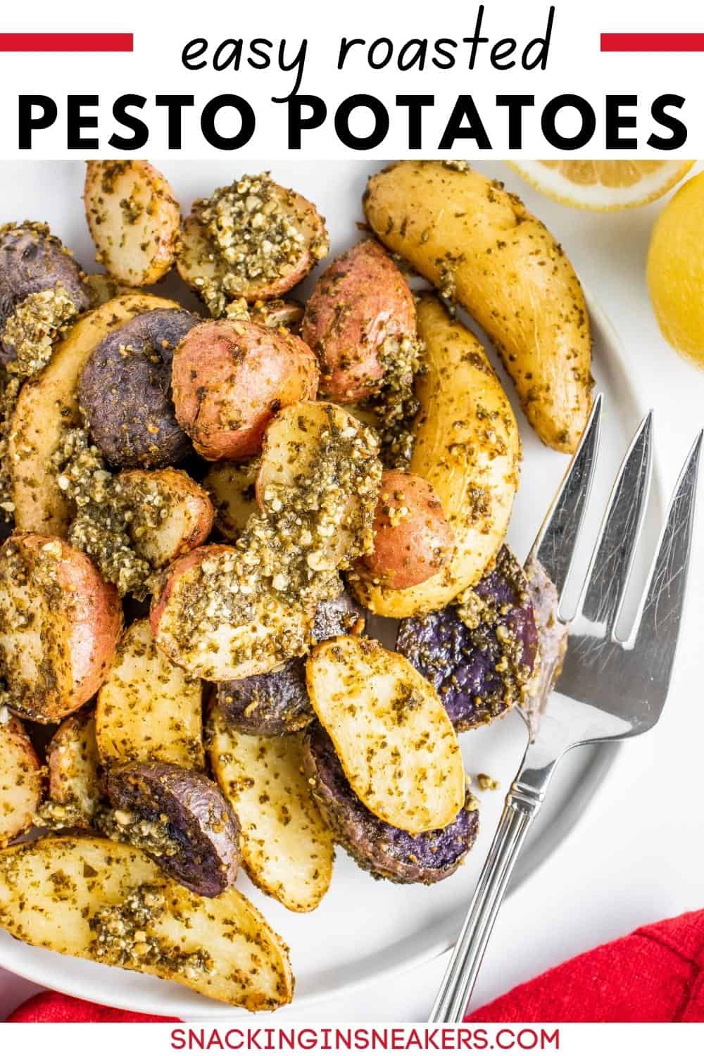 A plate of pesto potatoes with a fork on the plate.