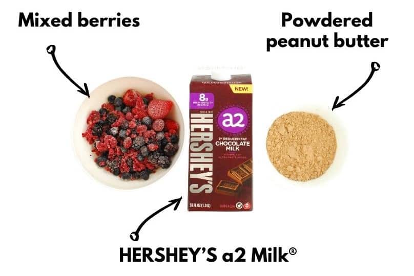 Berries, chocolate milk, and powdered peanut butter.