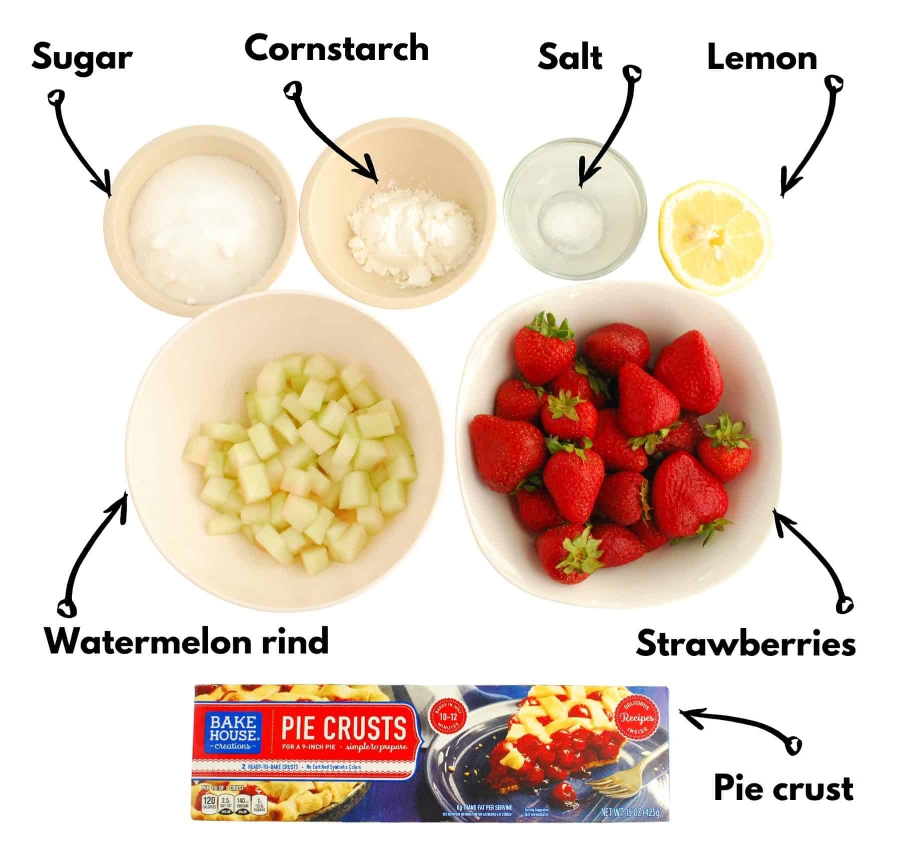 Pie crust, watermelon rind, strawberries, sugar, cornstarch, salt, and lemon.