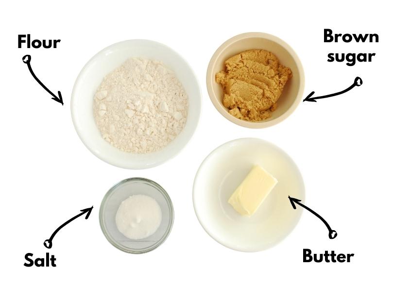 Flour, brown sugar, granulated sugar, and butter.