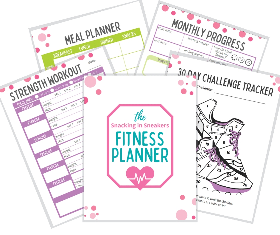 A mockup of several pages of a printable fitness planner.