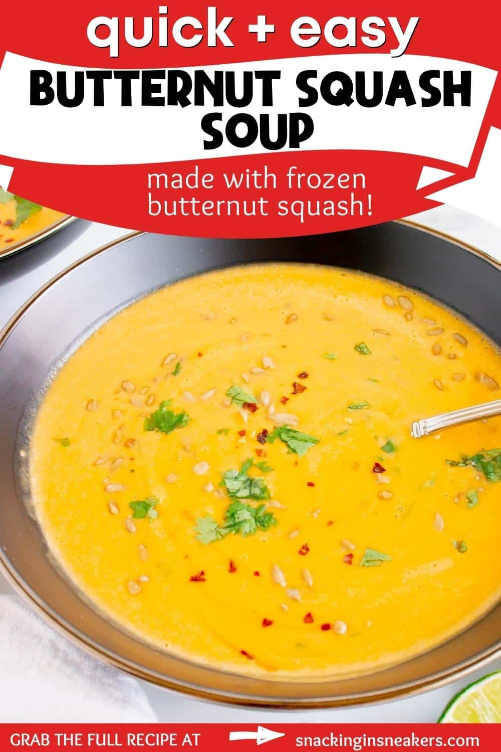 A bowl of frozen butternut squash soup with a spoon in it and a text overlay with the name of the recipe.
