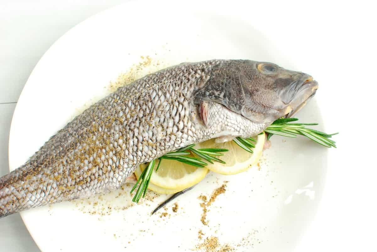 Lemon and rosemary stuffed inside the fish.