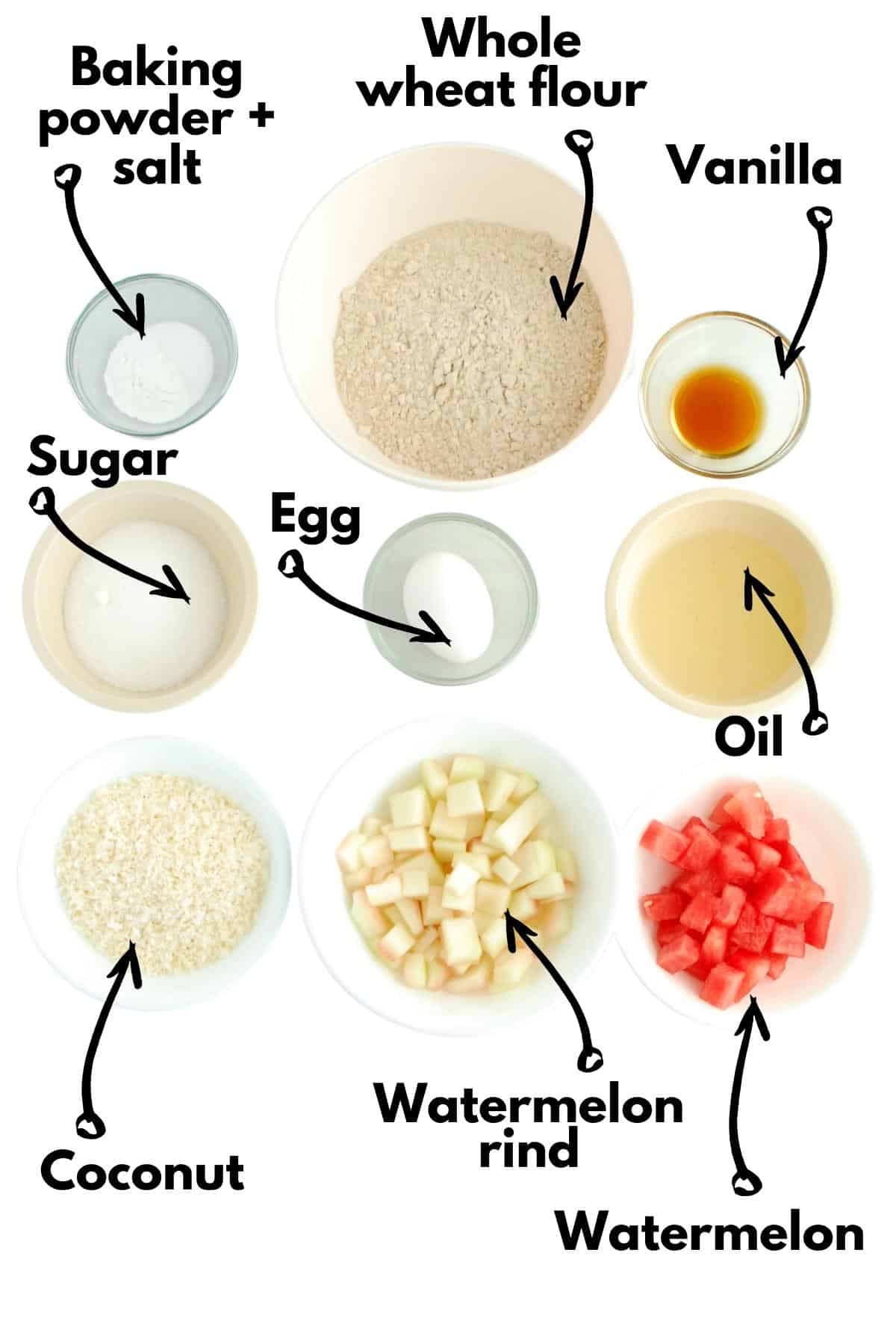 Coconut, sugar, baking powder, salt, flour, egg, watermelon flesh, watermelon rind, vanilla, and oil.