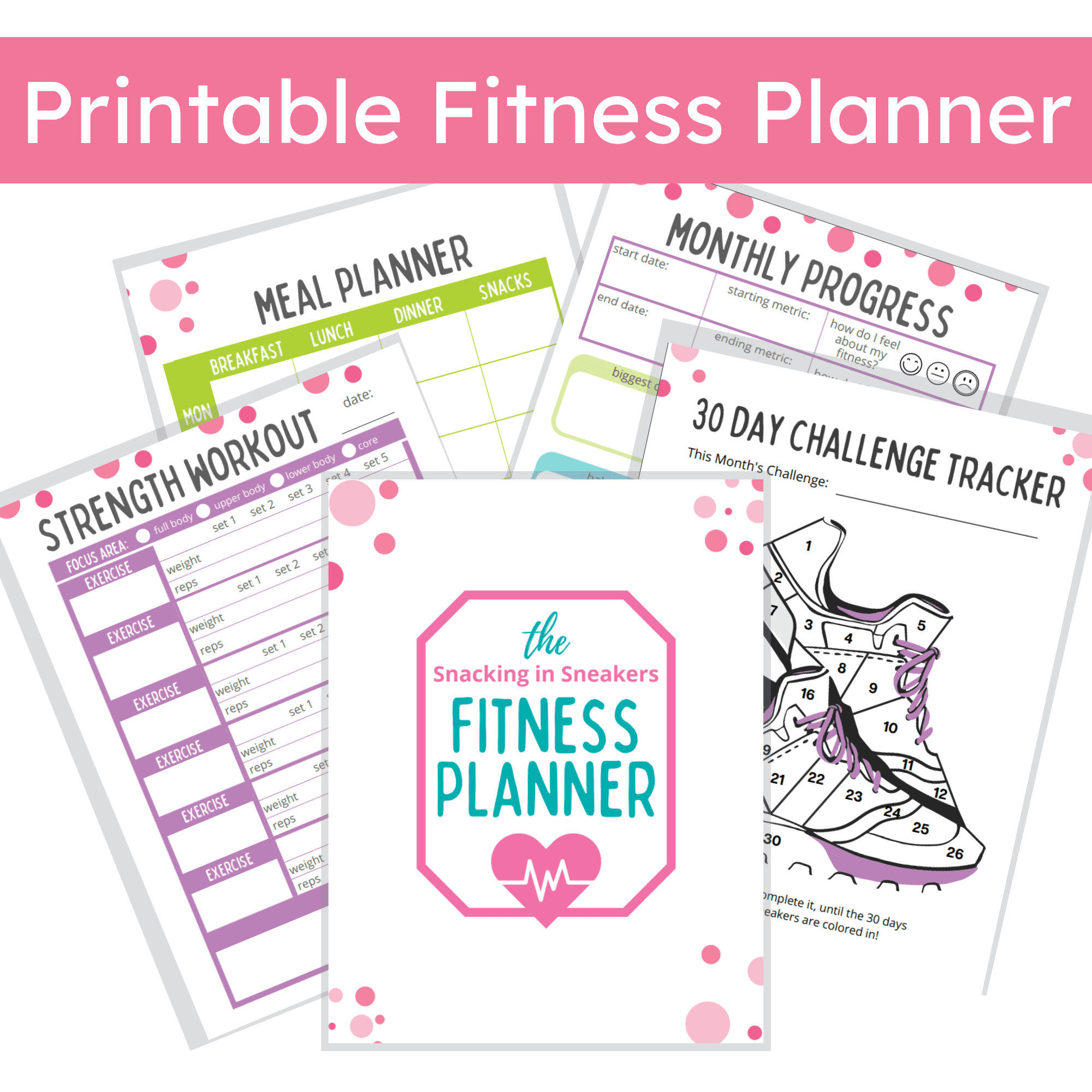 A mockup of several pages of a printable fitness planner and tracker.