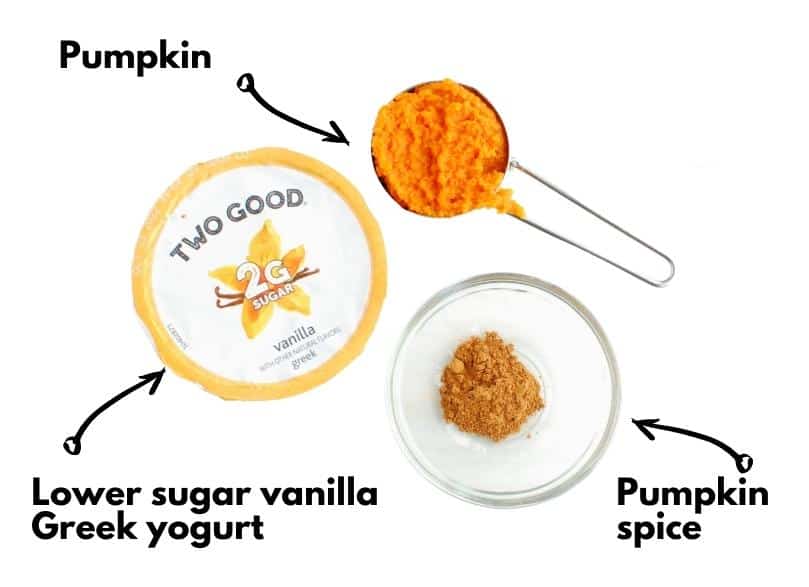 A container of lower sugar greek yogurt, pumpkin puree, and pumpkin spice.
