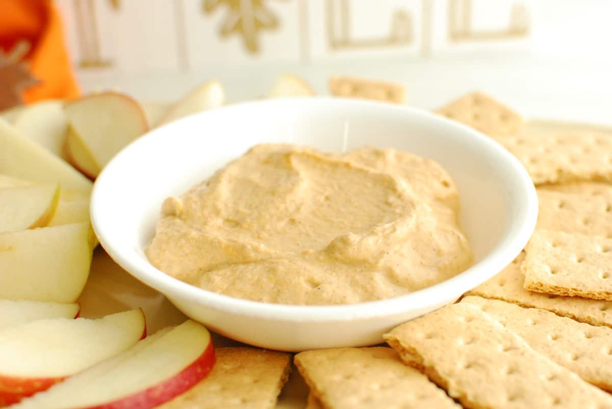 A bowl of pumpkin greek yogurt dip surrounded by apples and graham crackers.