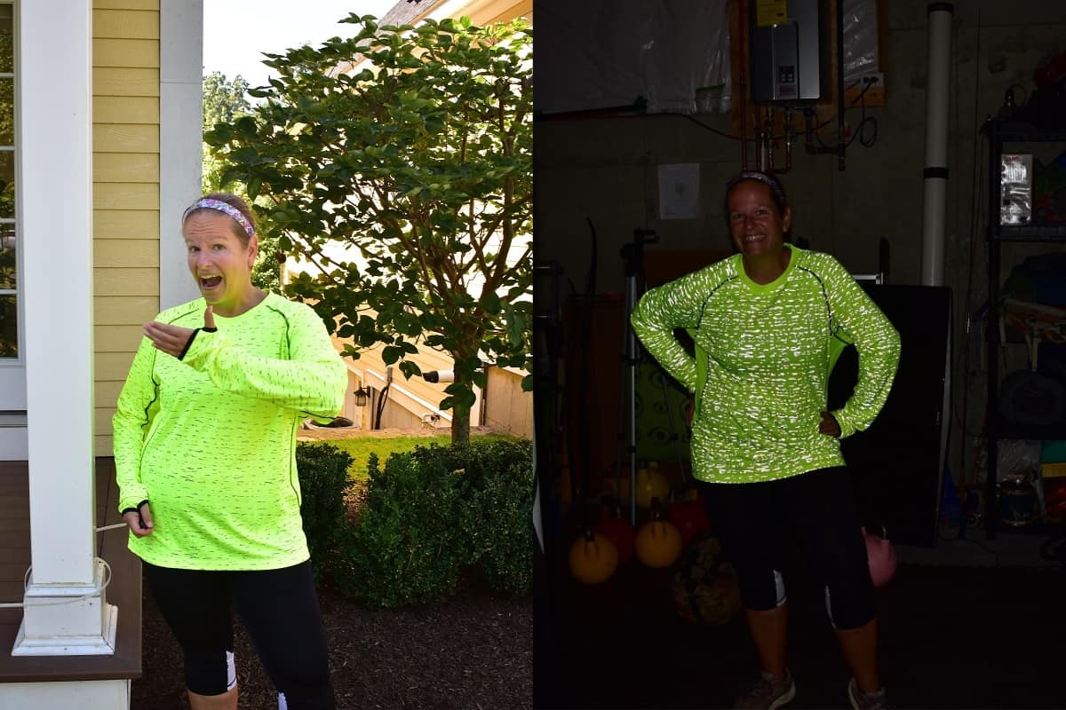 A woman wearing a long sleeve WildSpark reflective shirt.