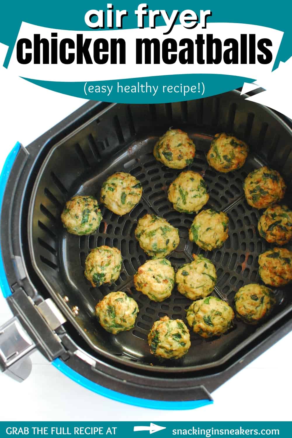 Air fryer chicken meatballs in the air fryer basket with a text overlay with the recipe name.