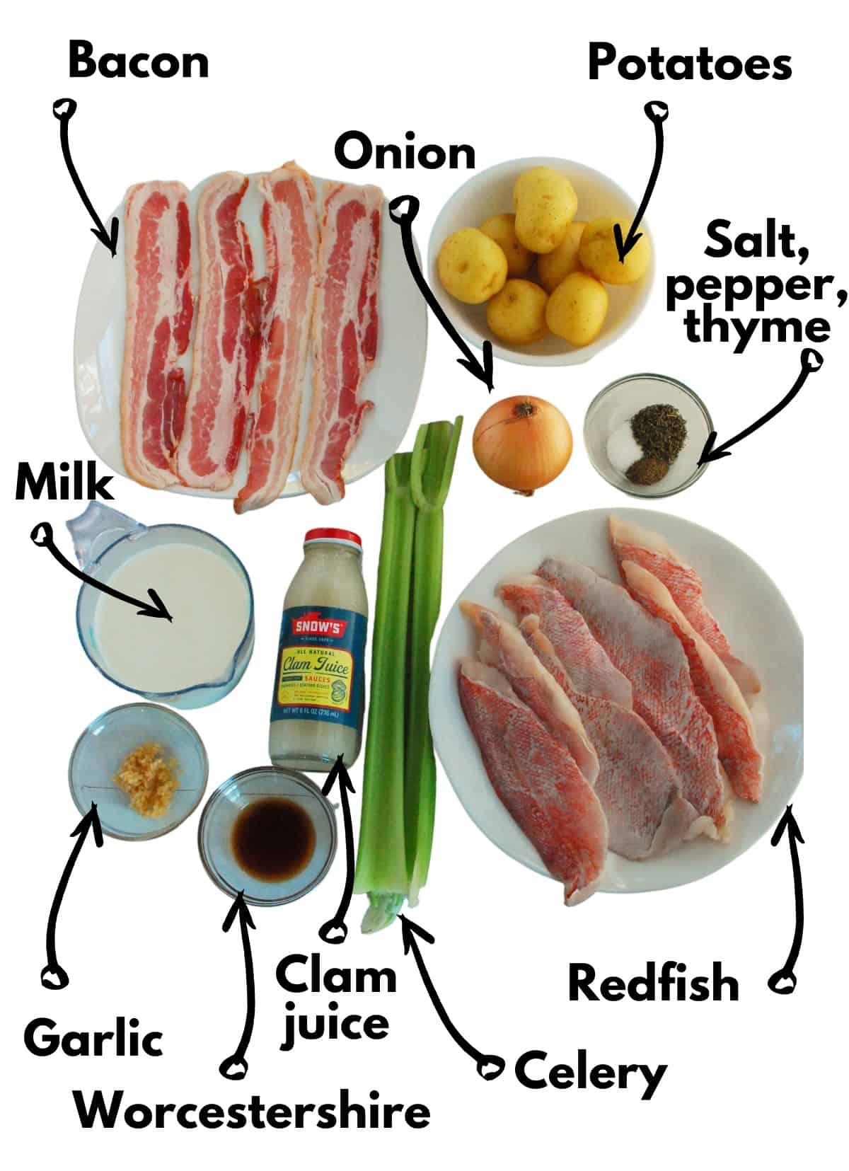 Bacon, onion, potatoes, salt, pepper, thyme, milk, garlic, worcestershire, clam juice, celery, and redfish.