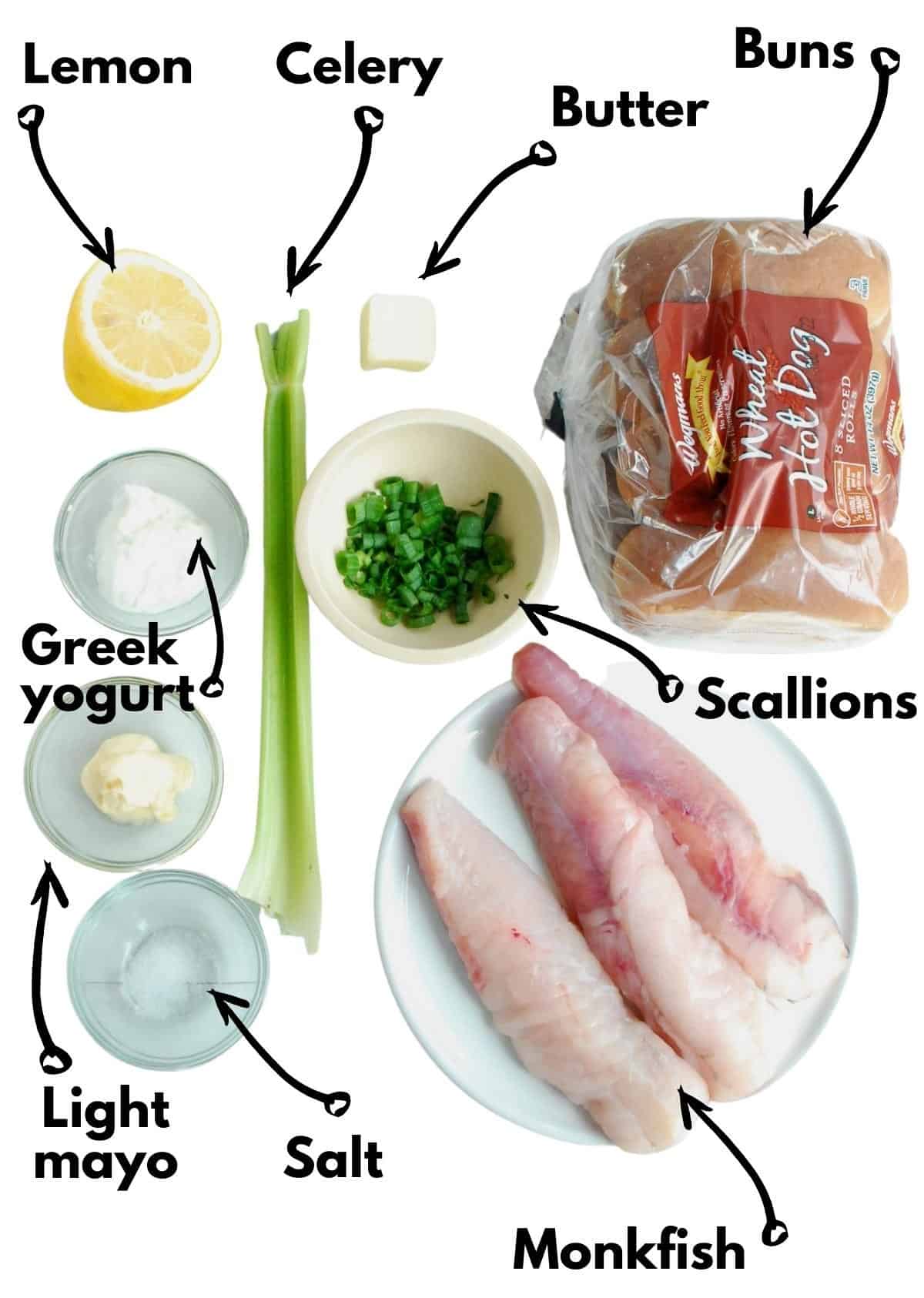 Monkfish, buns, butter, celery, lemon, scallions, greek yogurt, light mayo, and salt.