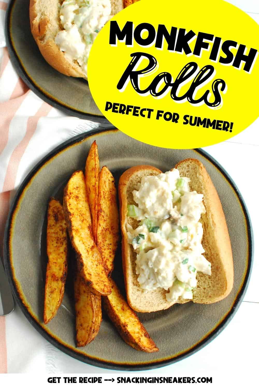 A plate with a monkfish roll and potato wedges, with a text overlay with the name of the recipe.