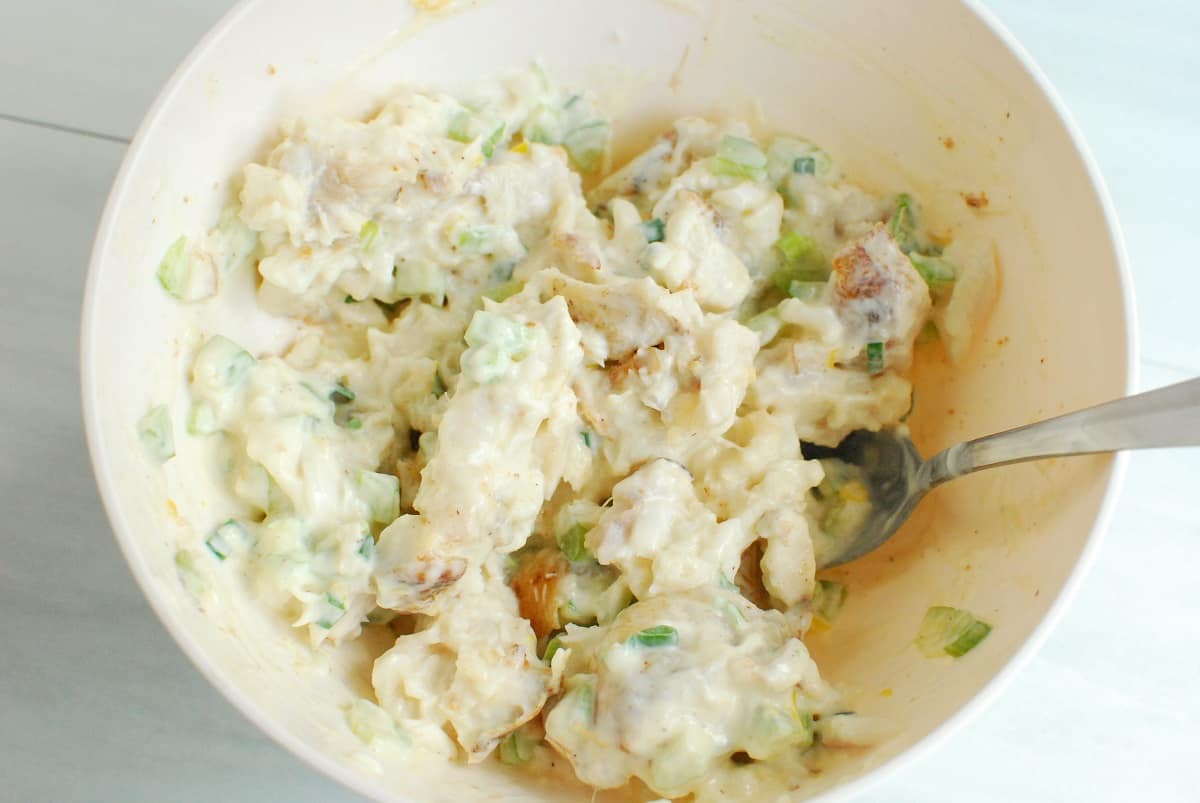 Filling for monkfish rolls in a bowl.