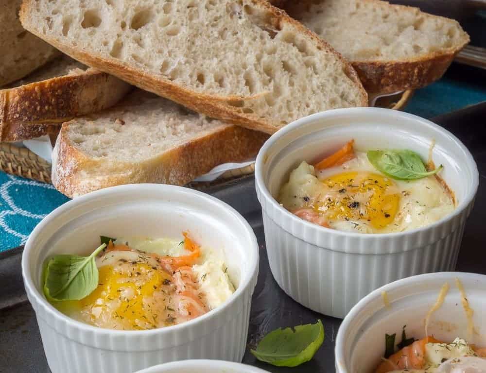 Little ramekins baked with eggs, smoked salmon, and spinach.