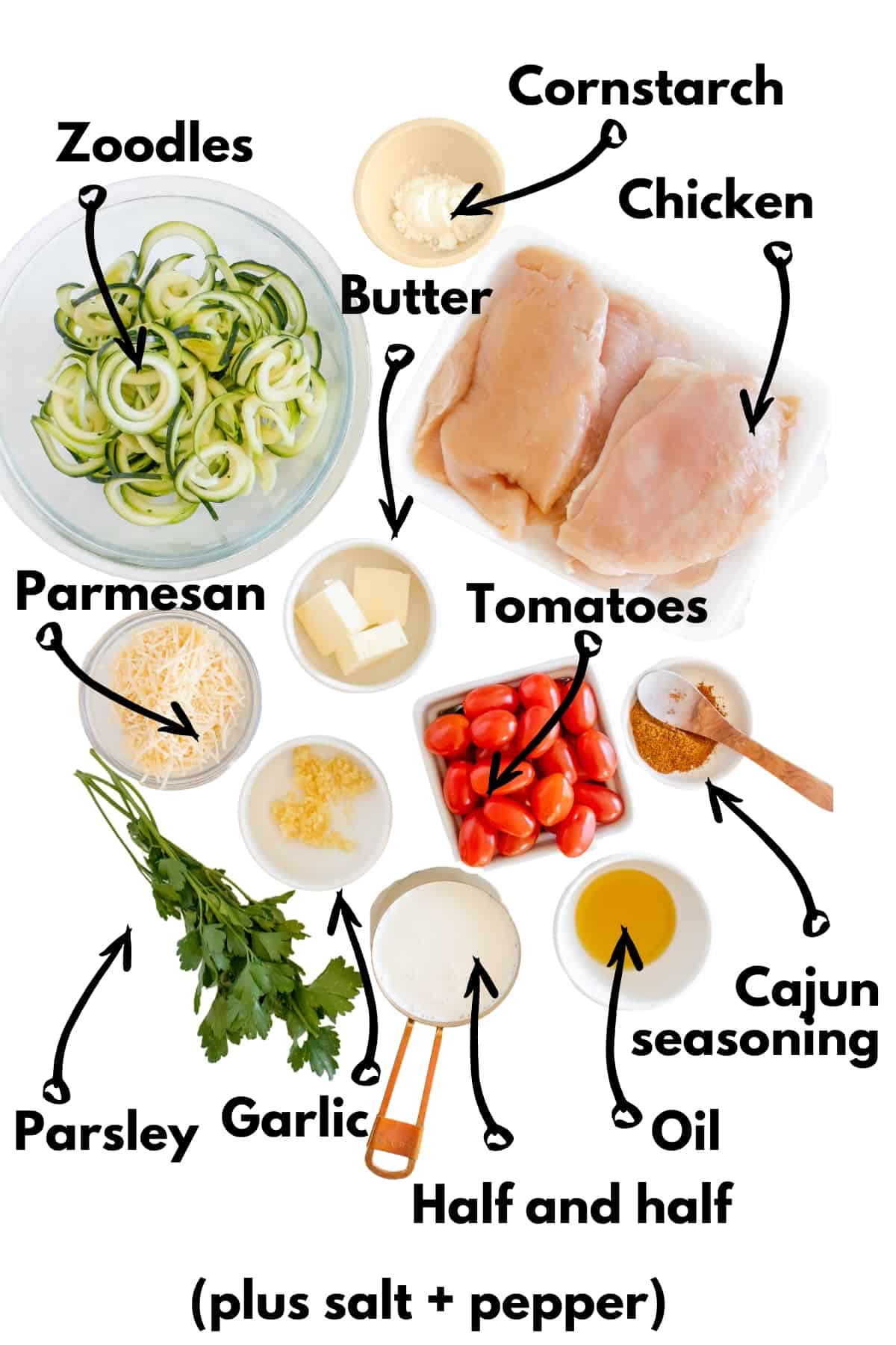 Chicken, zucchini, cornstarch, tomatoes, oil, cajun seasoning, half and half, garlic, parsley, parmesan, and butter.