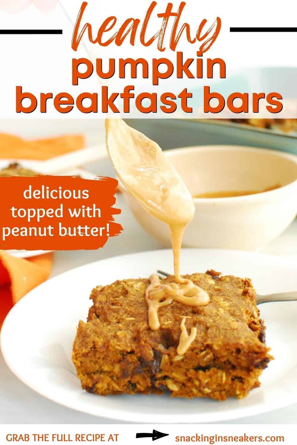 A pumpkin bar on a white plate being drizzled with peanut butter, with a text overlay with the name of the recipe.