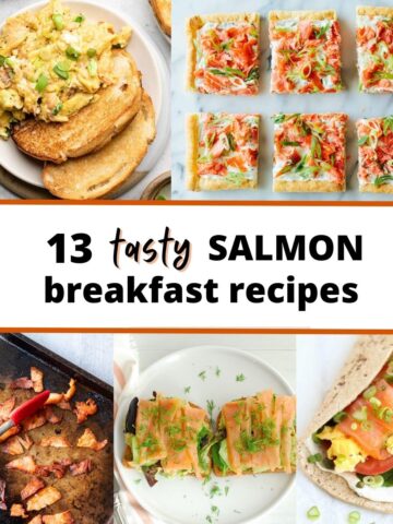 A collage of salmon scrambled eggs, puff pastry, salmon bacon, salmon toast, and a breakfast wrap.