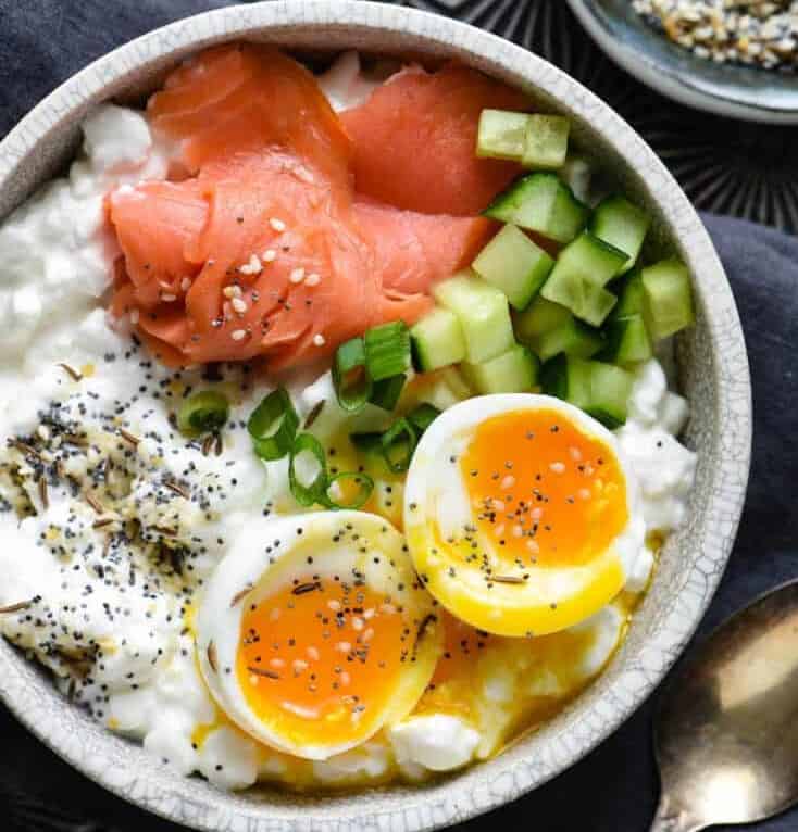 Savory cottage cheese breakfast bowl with salmon.