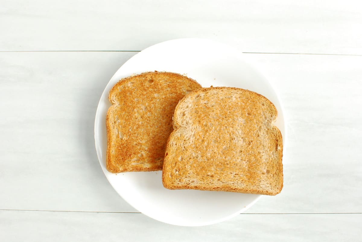Two slices of toasted bread on a white plate.