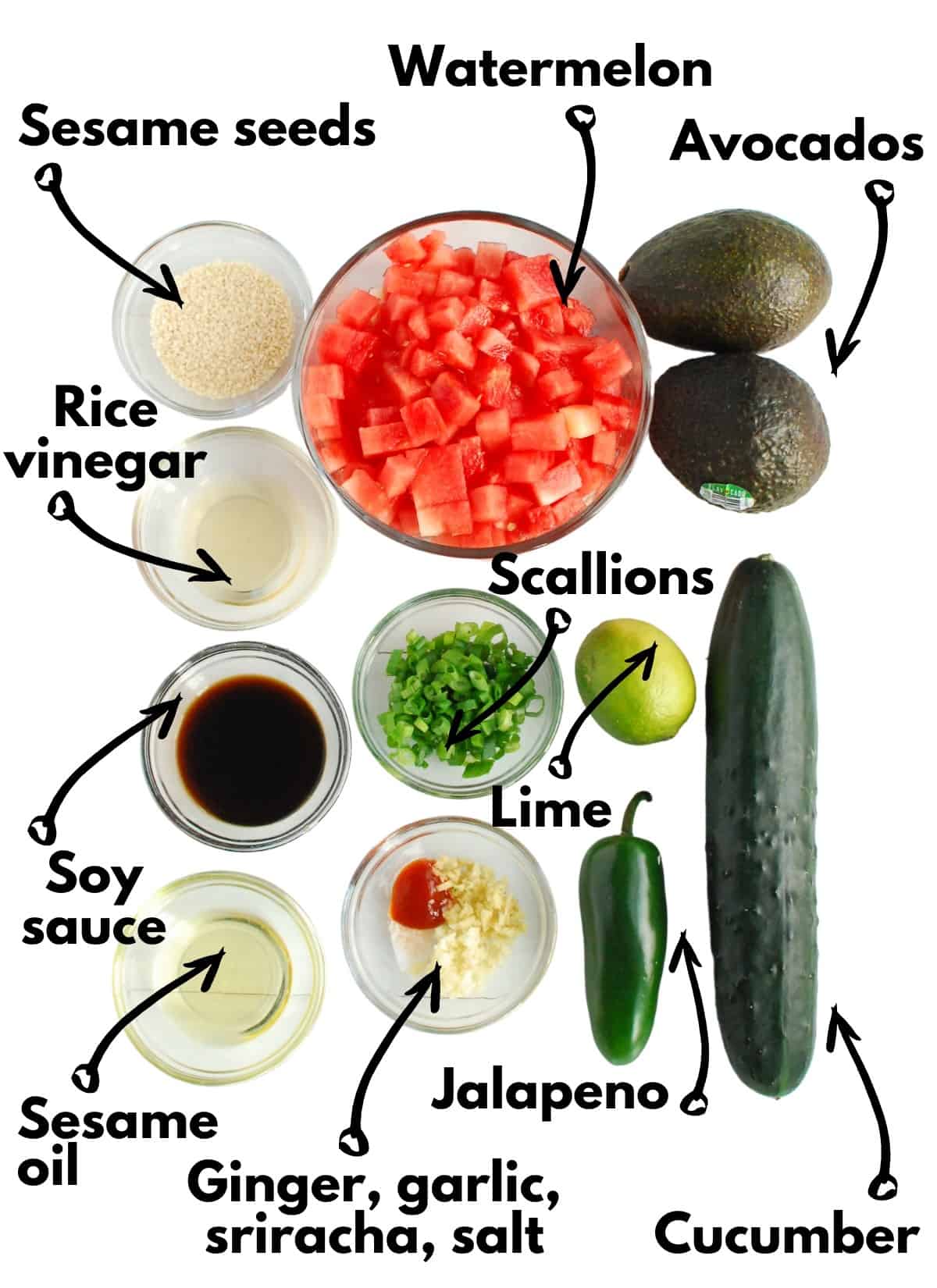Watermelon, avocado, sesame seeds, cucumber, jalapeno, lime, scallions, seasonings, sesame oil, soy sauce, and rice vinegar.
