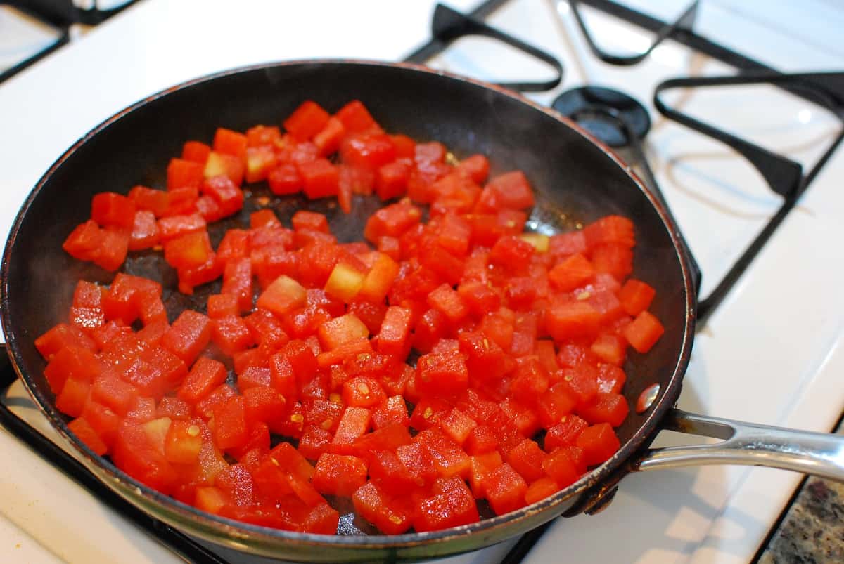 Watermelon in a skillet at the end of cooking time.